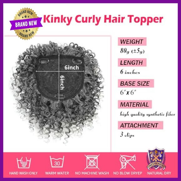 Afro Kinky Curly Clip-In Hair Topper with Bangs for Thinning Hair